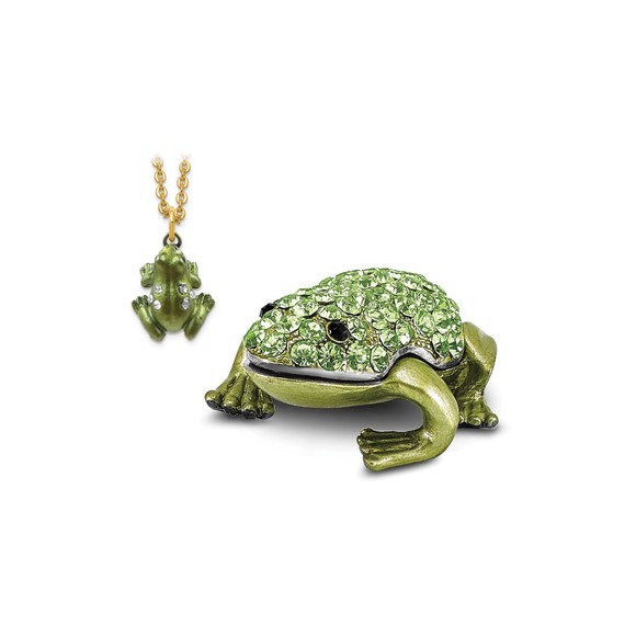 Pewter Bejeweled Crystals HOPPER Small Green Frog Trinket Box with Pendant - Picture 9 of 9